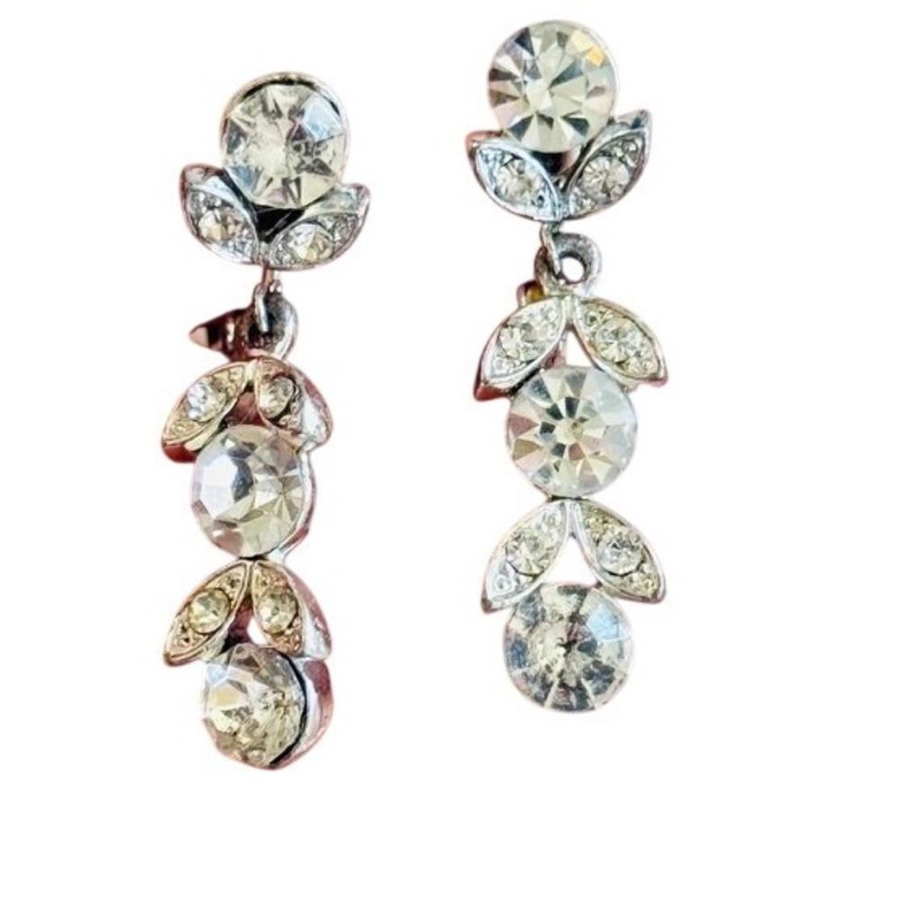 VTG Lisner Bridal Clip Earrings Silver Dangle Rhinestone Jeweled Retro Glam 50s